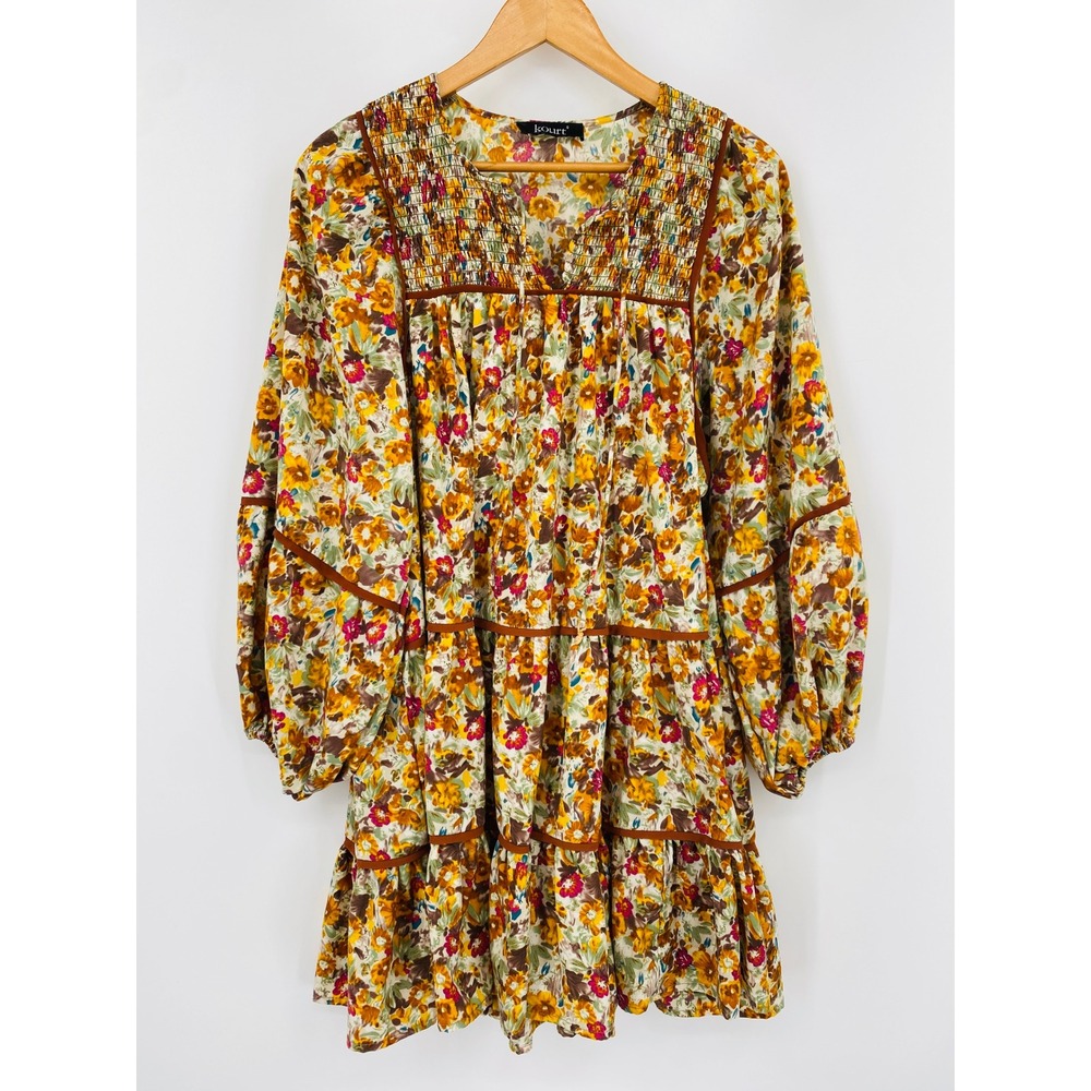 Kourt Floral Tiered Mini Dress Small Yellow Brown Boho Long Sleeve - Picture 2 of 5